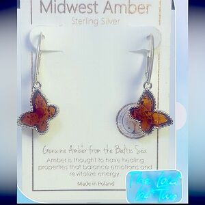 NWT Midwest Amber 925 Sterling Silver & Baltic Sea Amber Butterfly Earrings